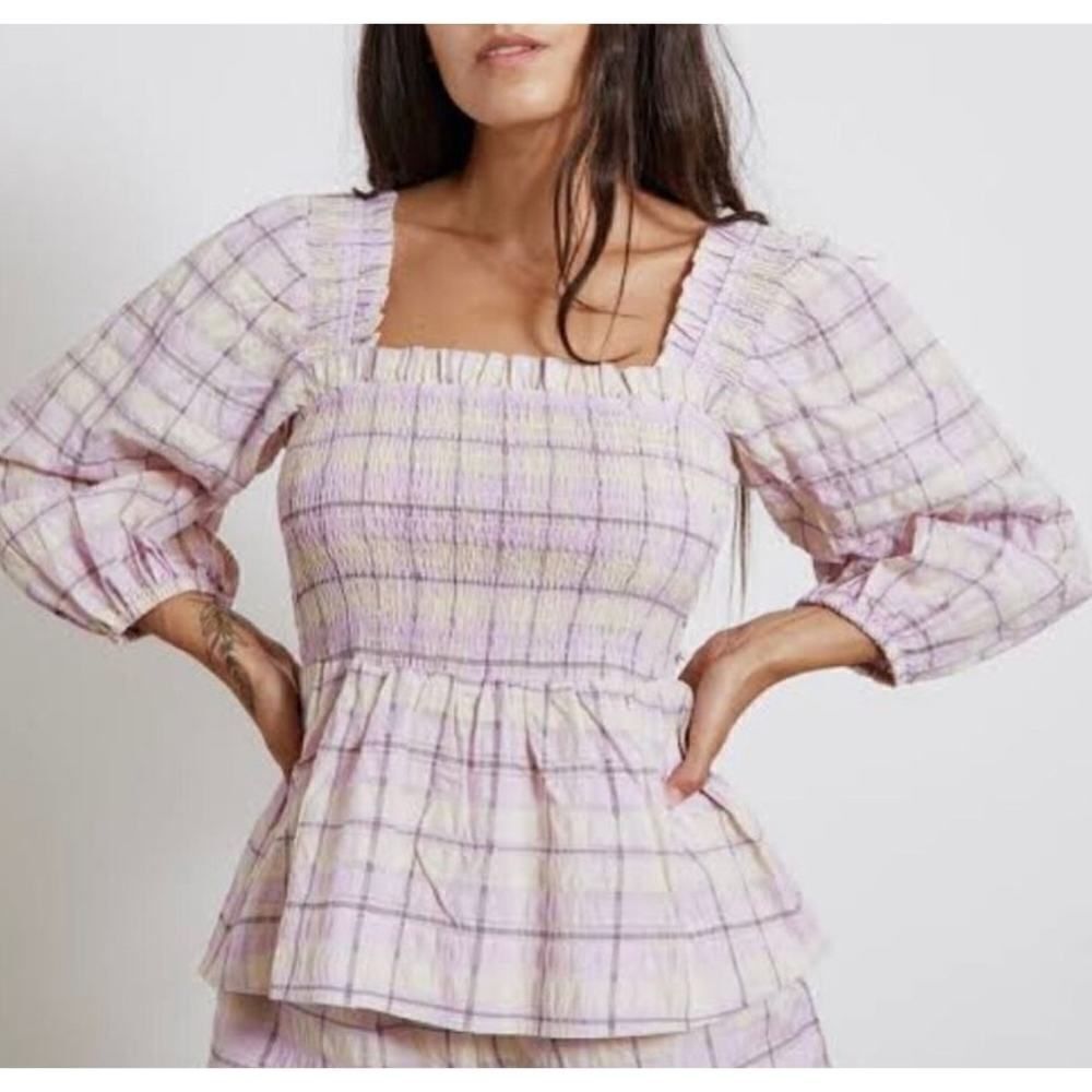 Ganni Smocked Seersucker Plaid Top Sz. 38 (M)